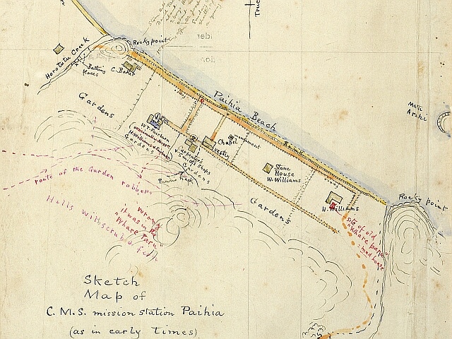 Williams House Paihia - sketch map drawn by Edwin Fairburn showing Paihia in 1833